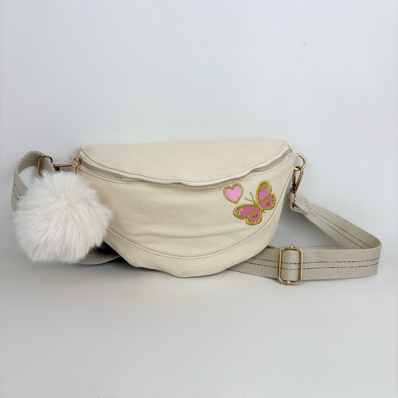 Underonesky Canvas Butterfly Fluffy Pom Pom Belt Bag Fanny Pack NWT - Picture 1 of 14